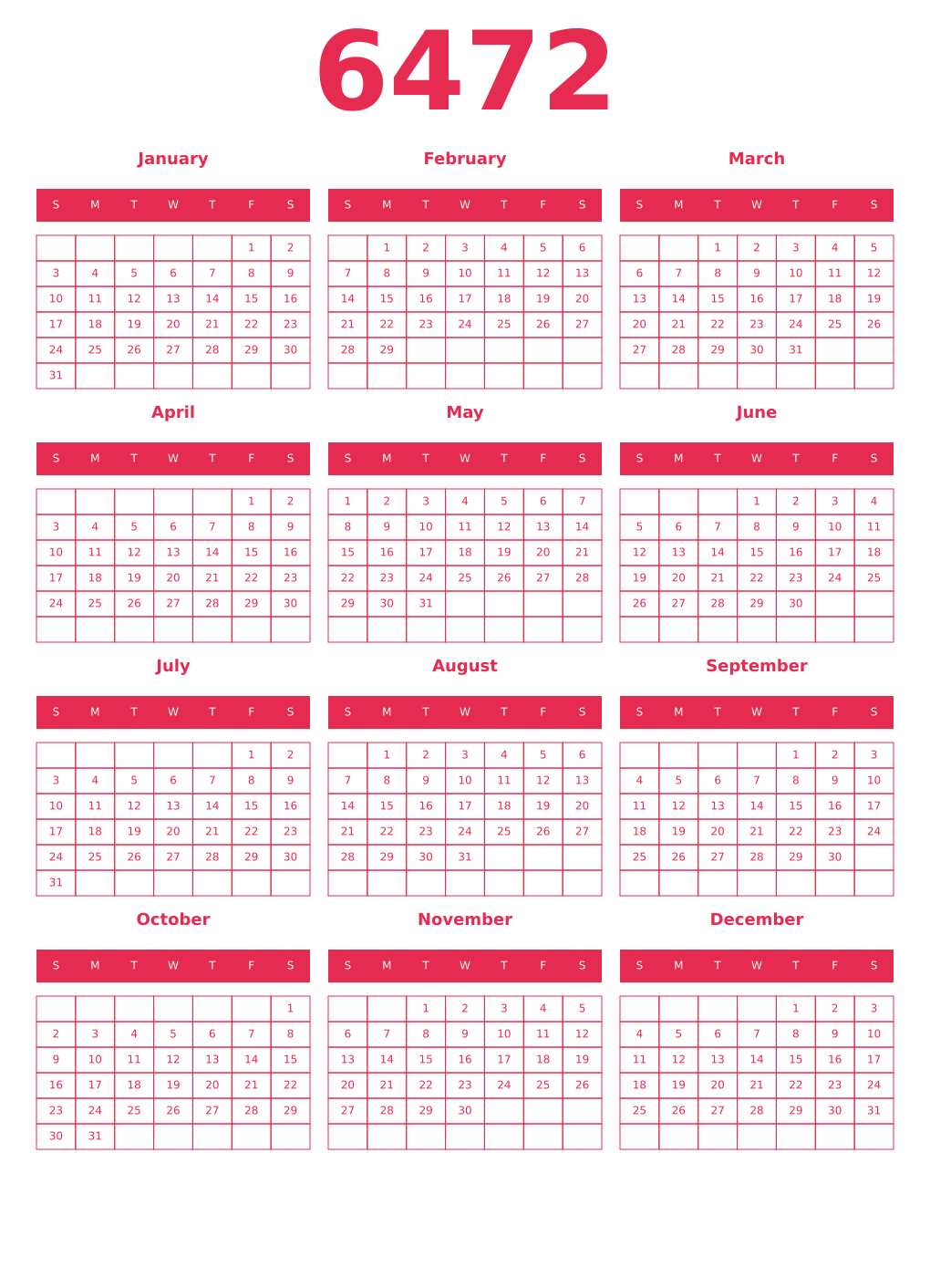 Printable 6472 Year Calendars amaranth