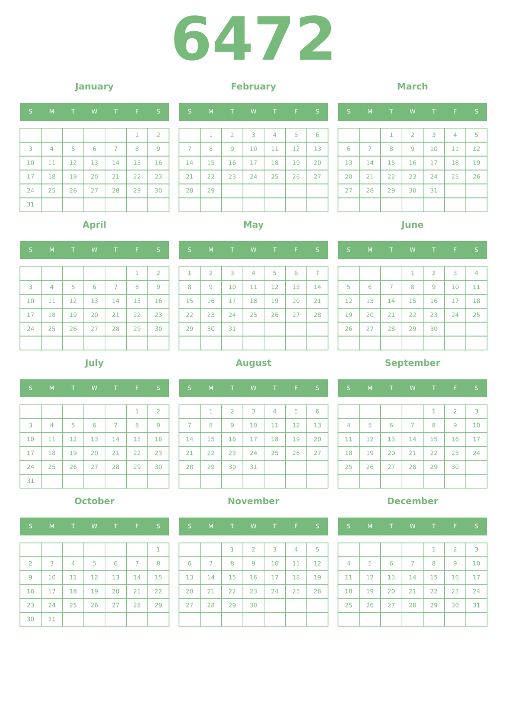 Printable 6472 Year Calendars celadon