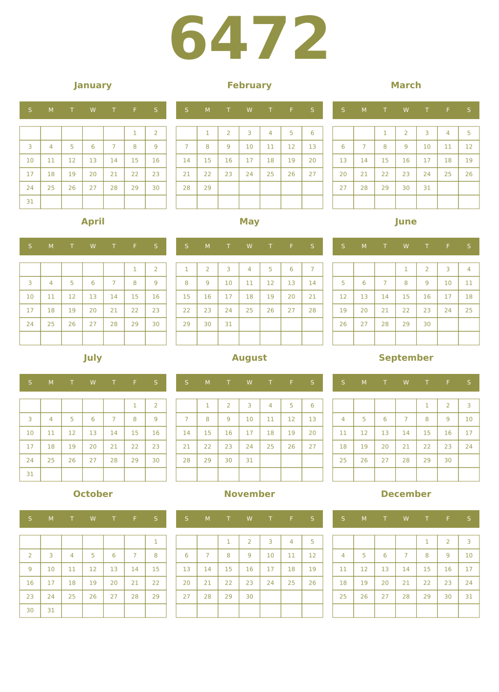 Printable 6472 Year Calendars eburnean