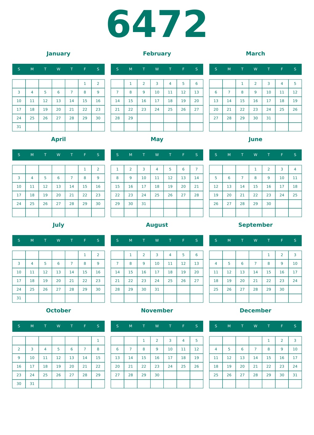 Printable 6472 Year Calendars pastel