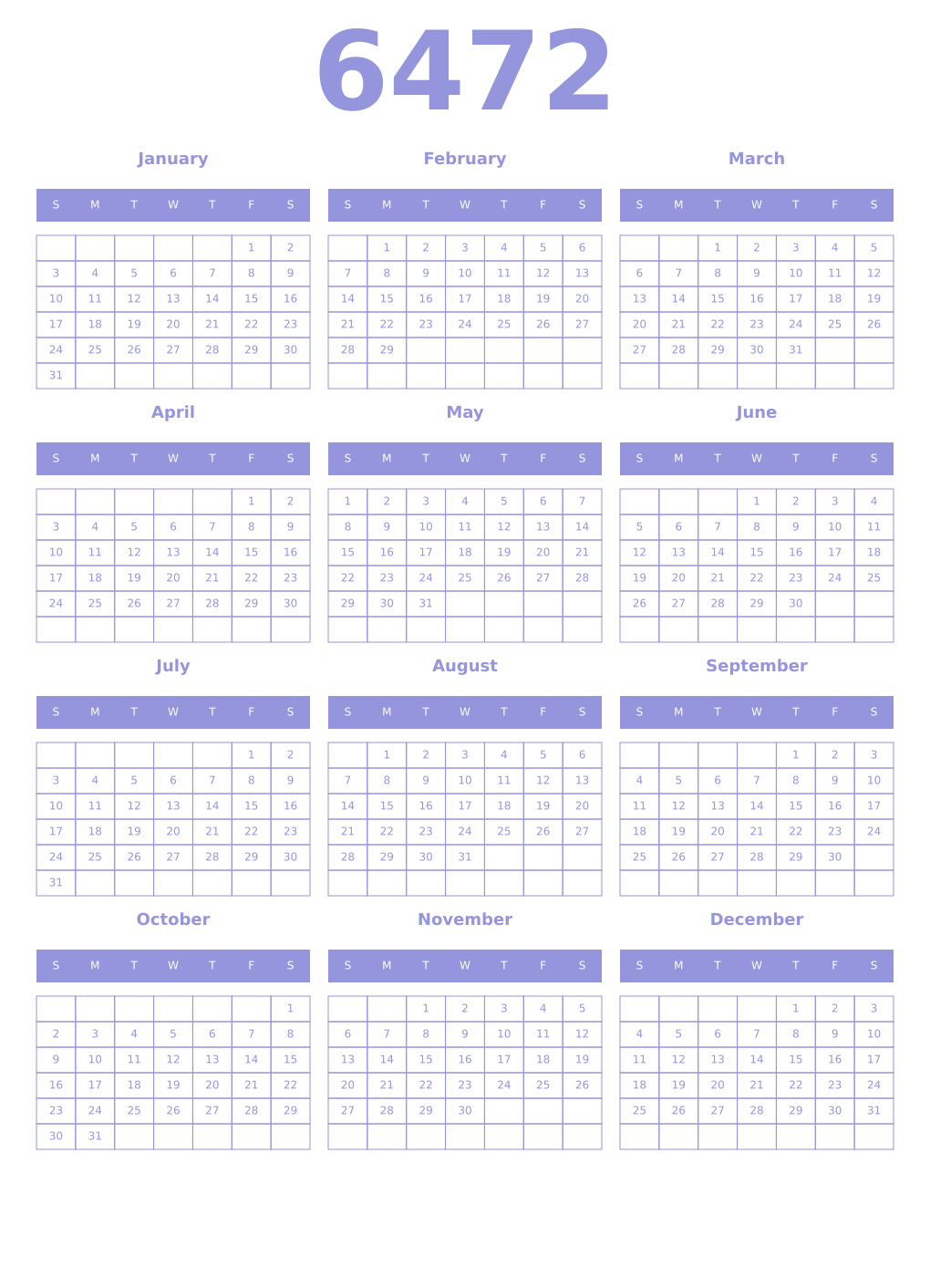 Printable 6472 Year Calendars periwinkle