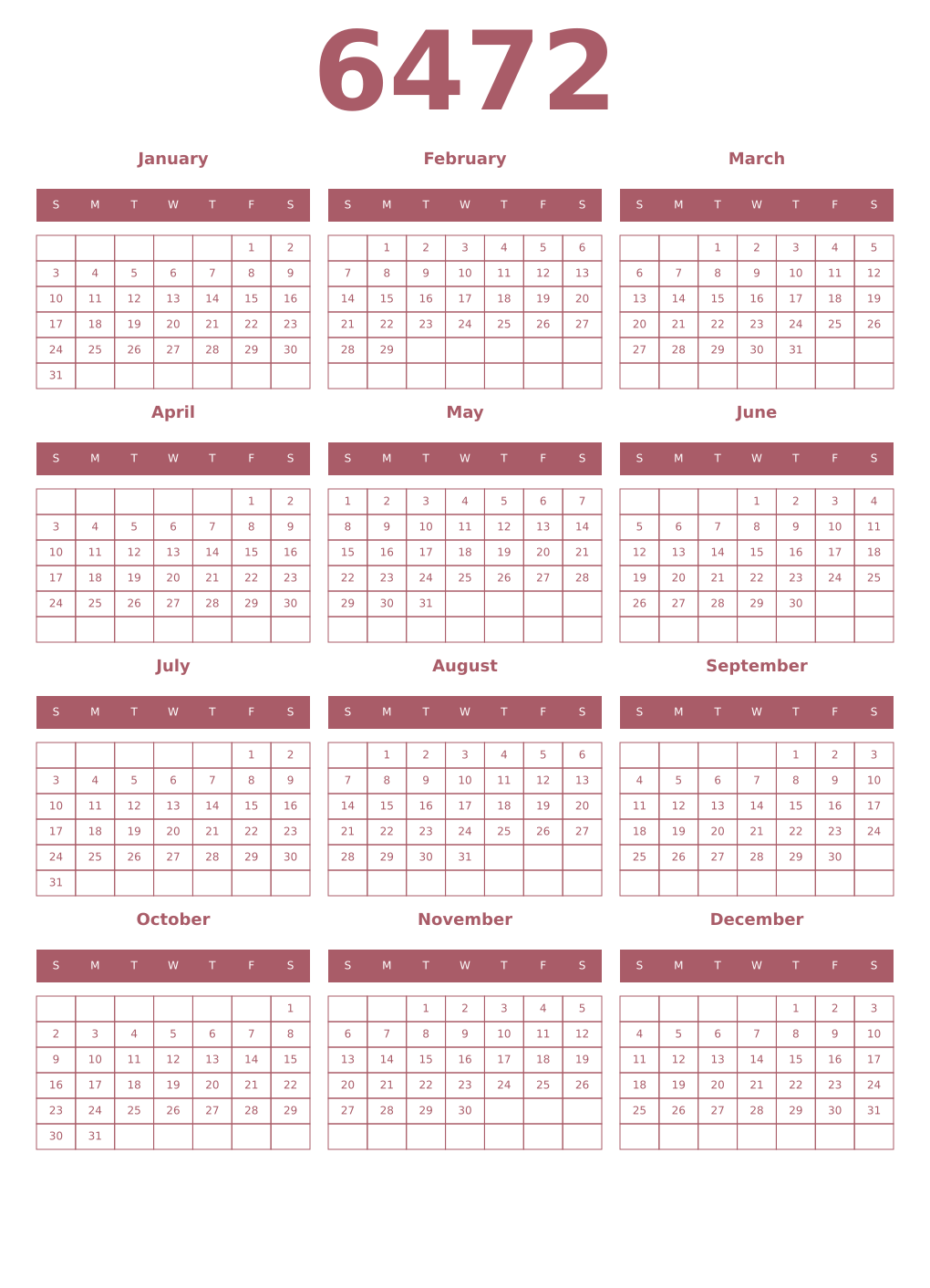Printable 6472 Year Calendars puce