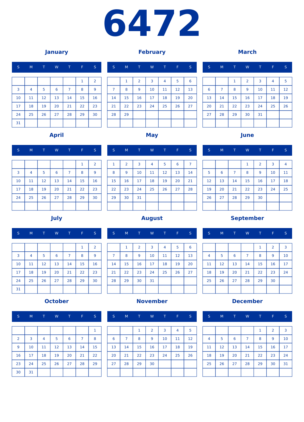 Printable 6472 Year Calendars smalt