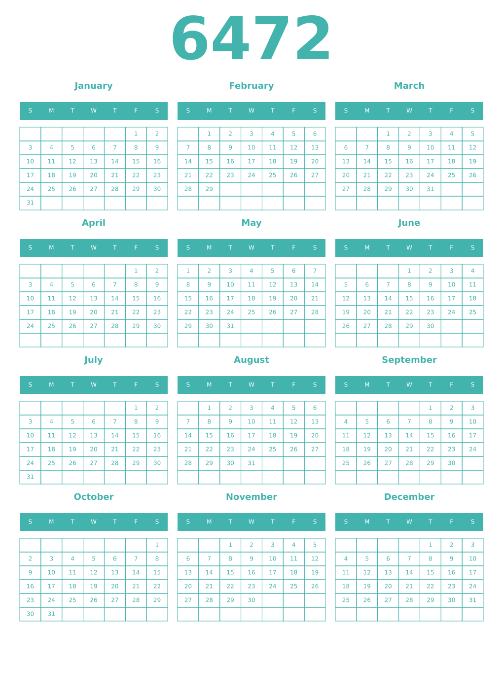 Printable 6472 Year Calendars verdigris