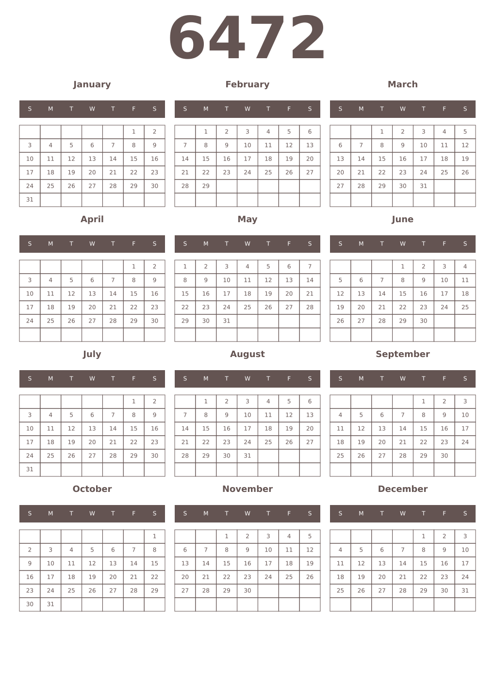 Printable 6472 Year Calendars wenge