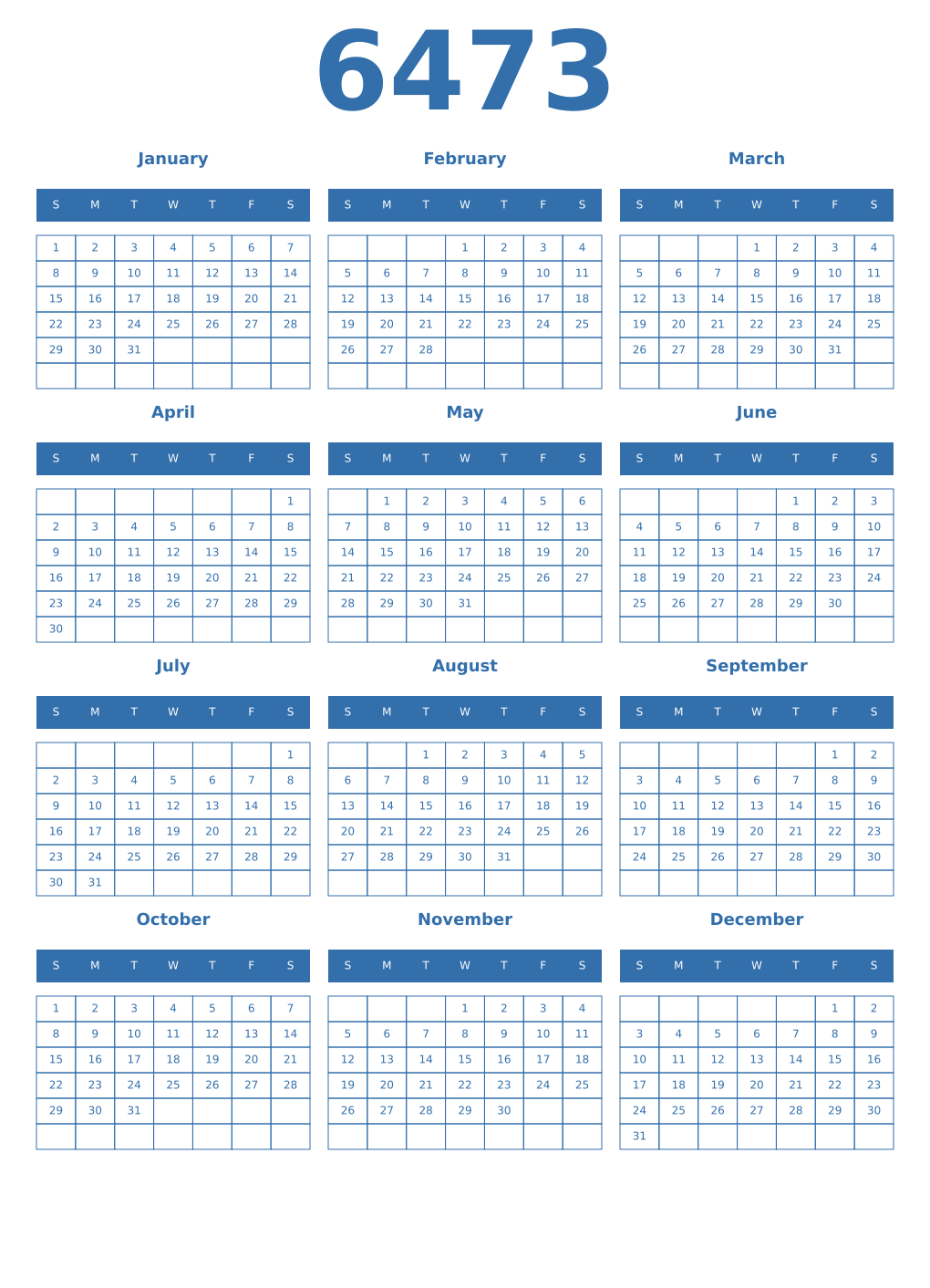 Printable 6473 Year Calendars blue