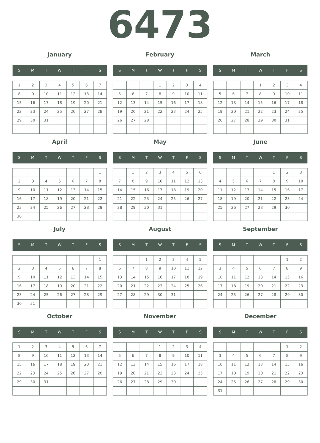 Printable 6473 Year Calendars feldgrau