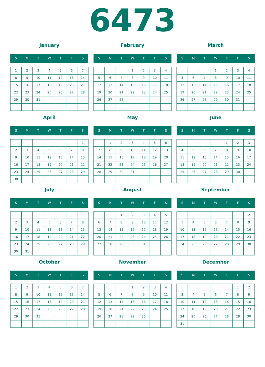 Printable 6473 Year Calendars pastel
