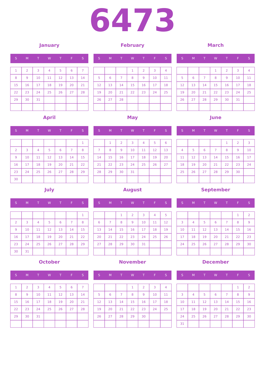 Printable 6473 Year Calendars purple