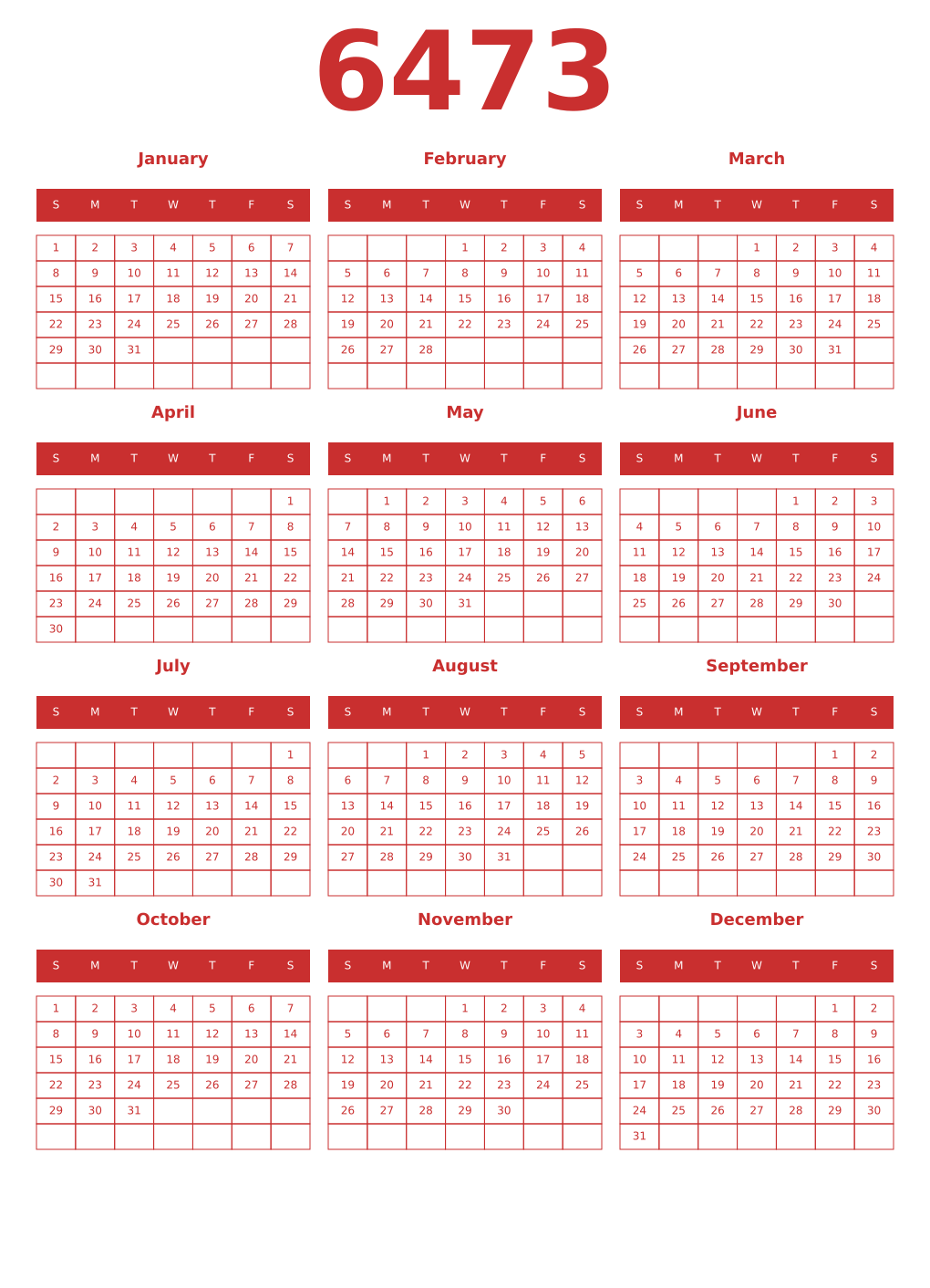 Printable 6473 Year Calendars red
