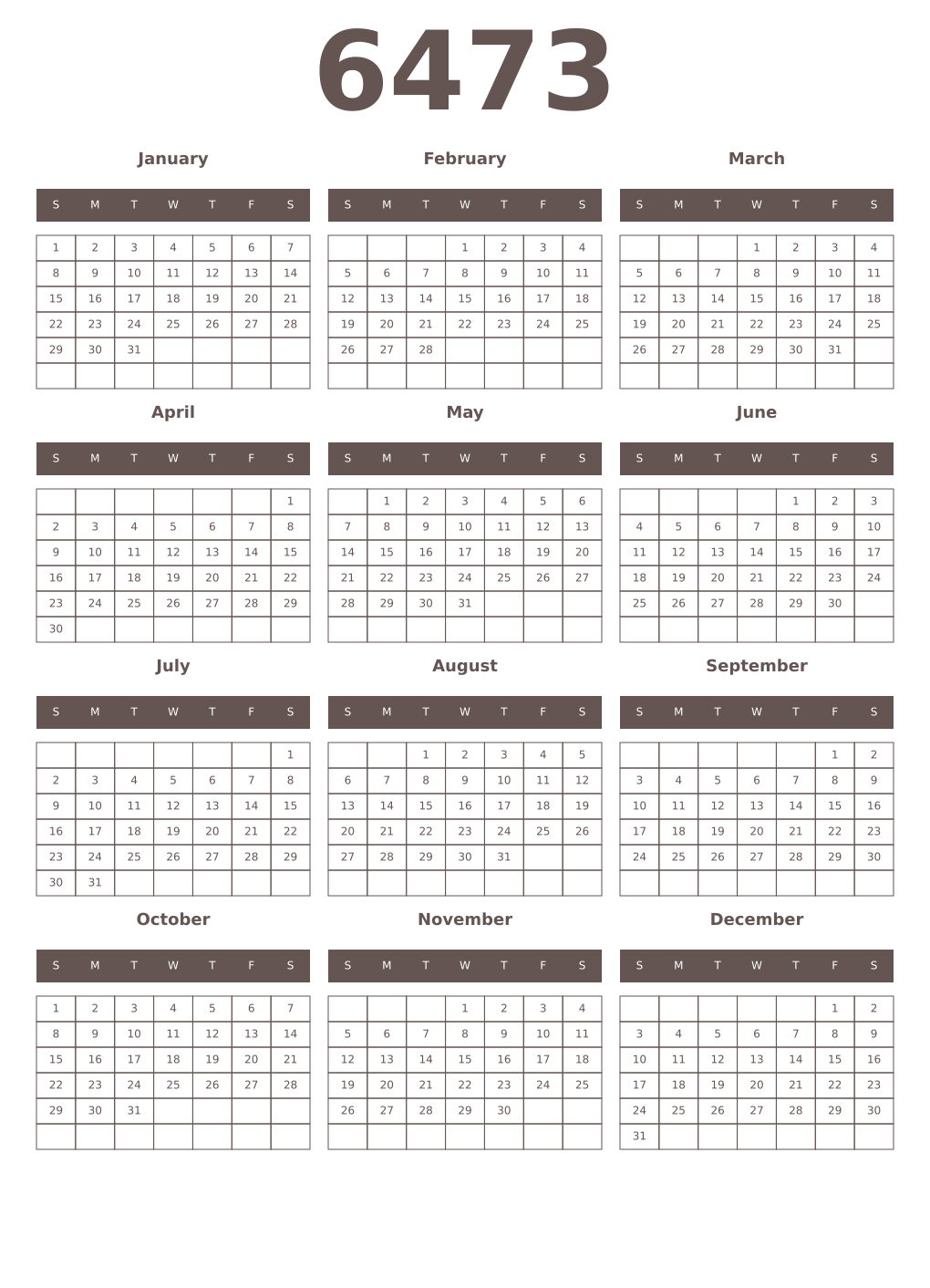 Printable 6473 Year Calendars wenge