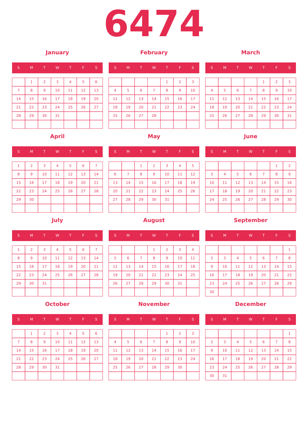 Printable 6474 Year Calendars amaranth
