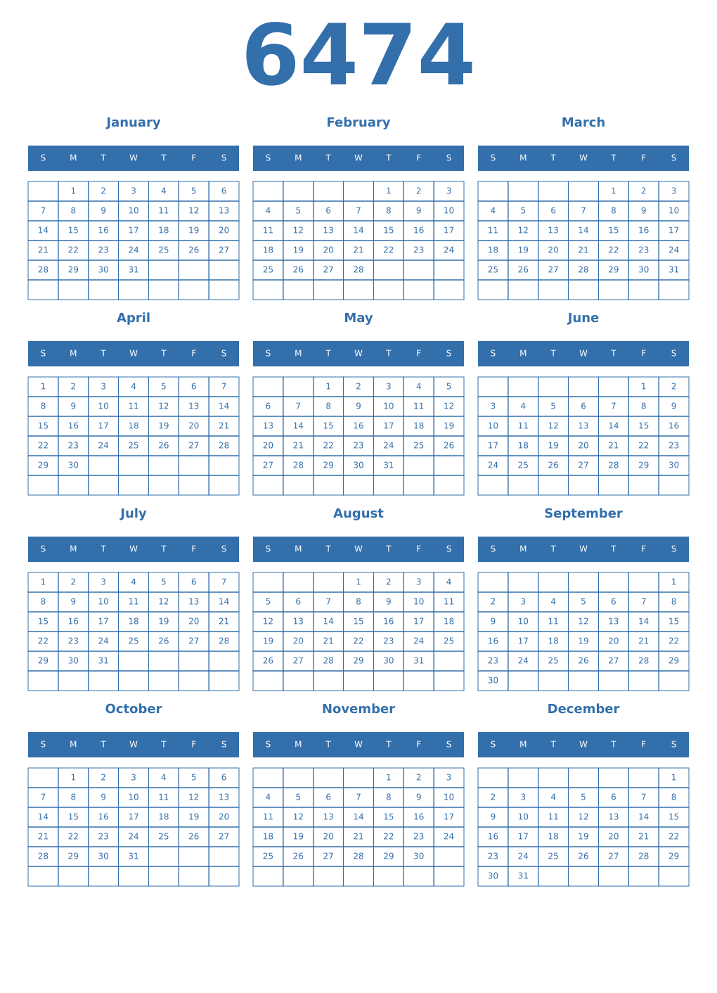 Printable 6474 Year Calendars blue