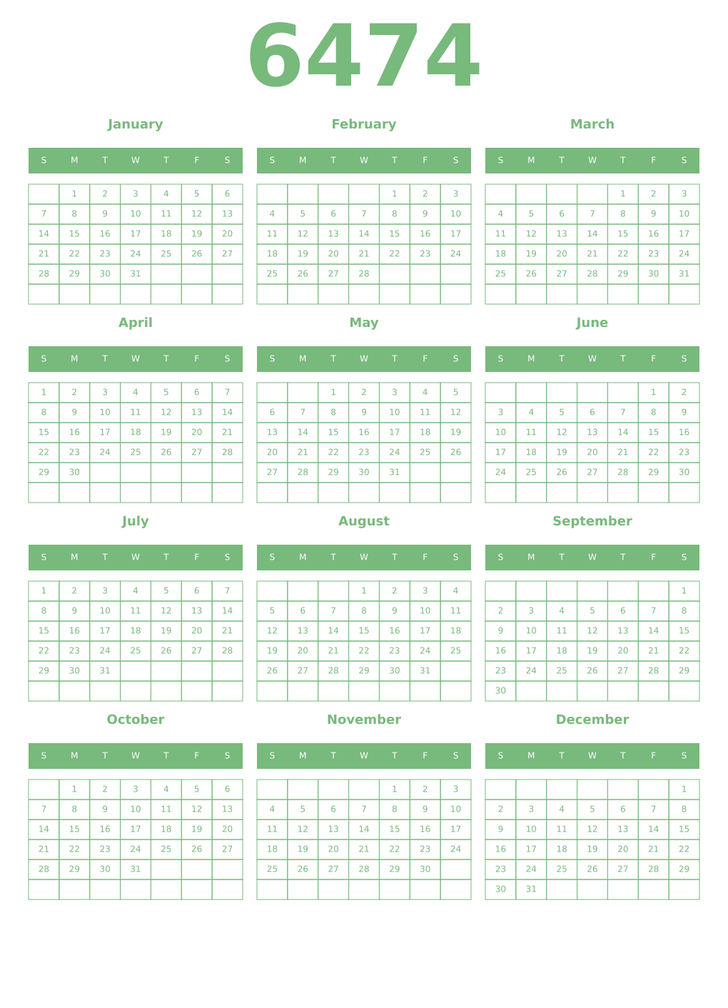 Printable 6474 Year Calendars celadon