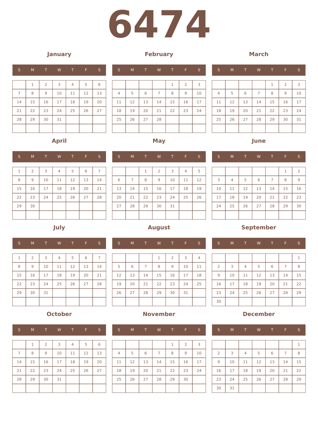 Printable 6474 Year Calendars coffe