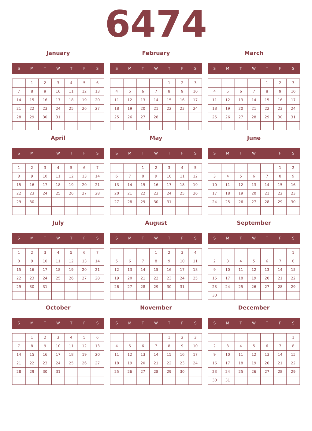 Printable 6474 Year Calendars cordovan