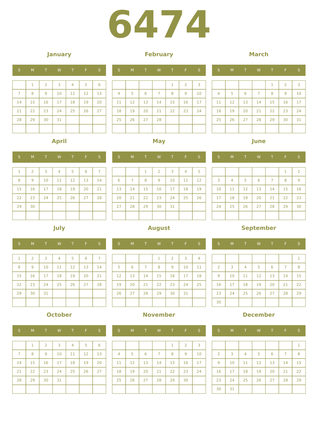 Printable 6474 Year Calendars eburnean