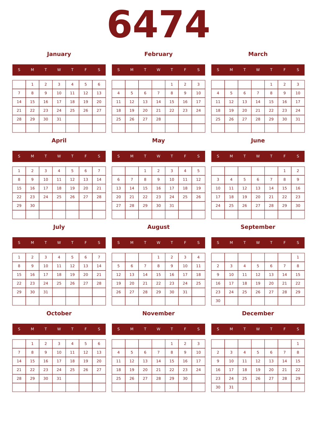 Printable 6474 Year Calendars falu