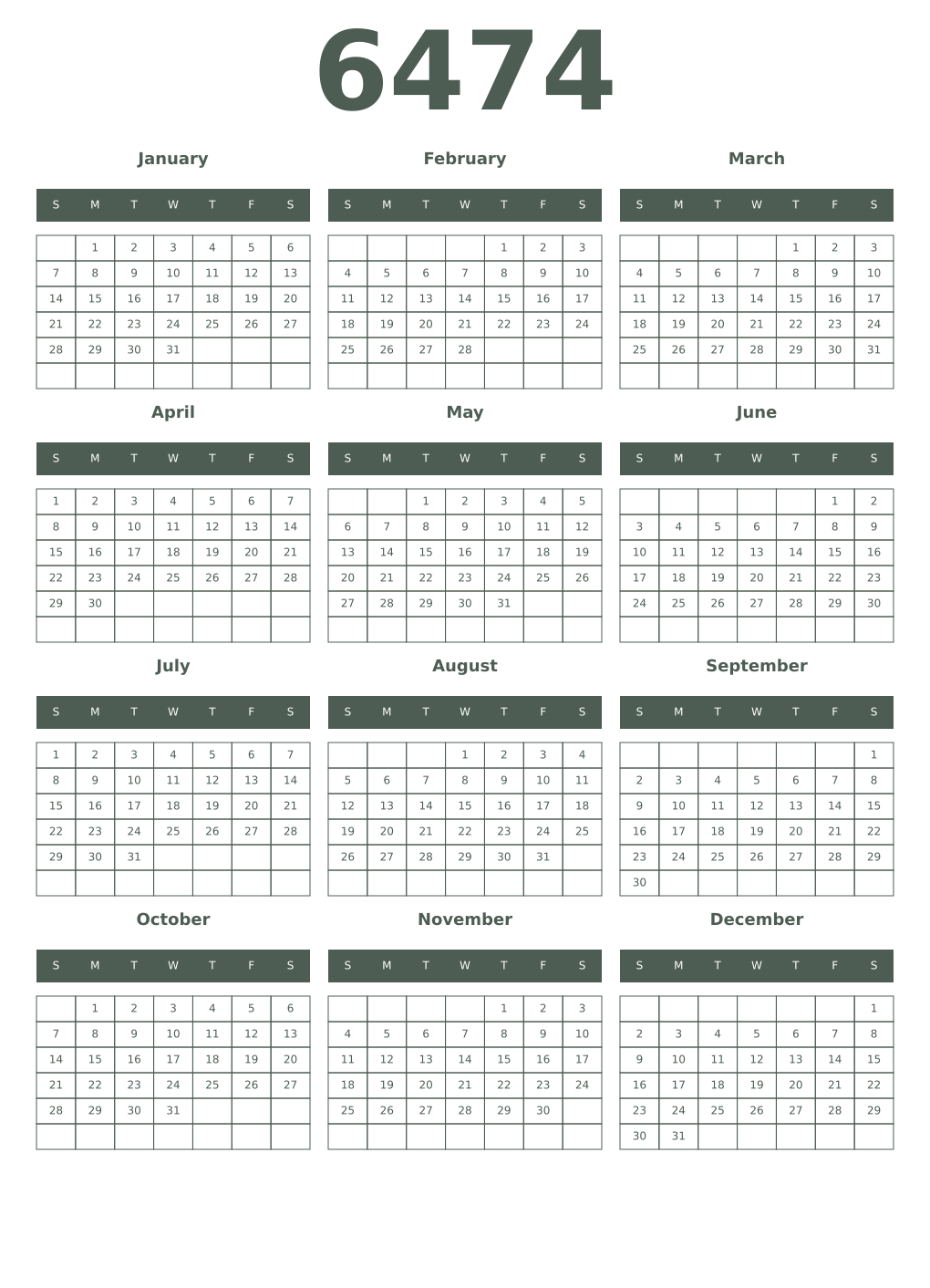 Printable 6474 Year Calendars feldgrau