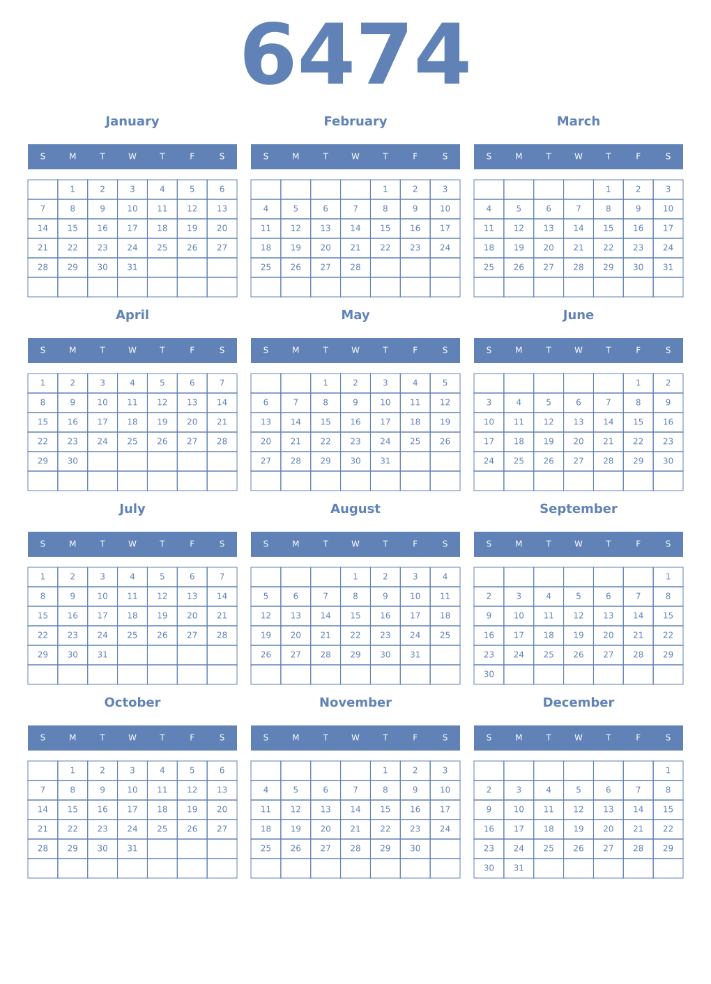 Printable 6474 Year Calendars glaucous