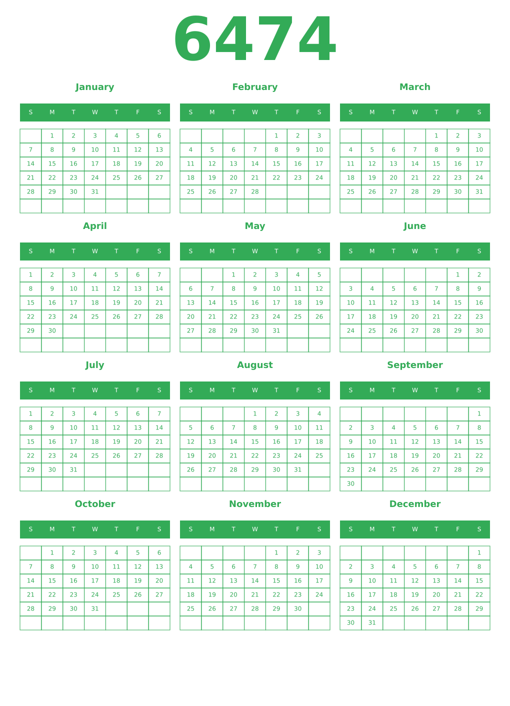 Printable 6474 Year Calendars green