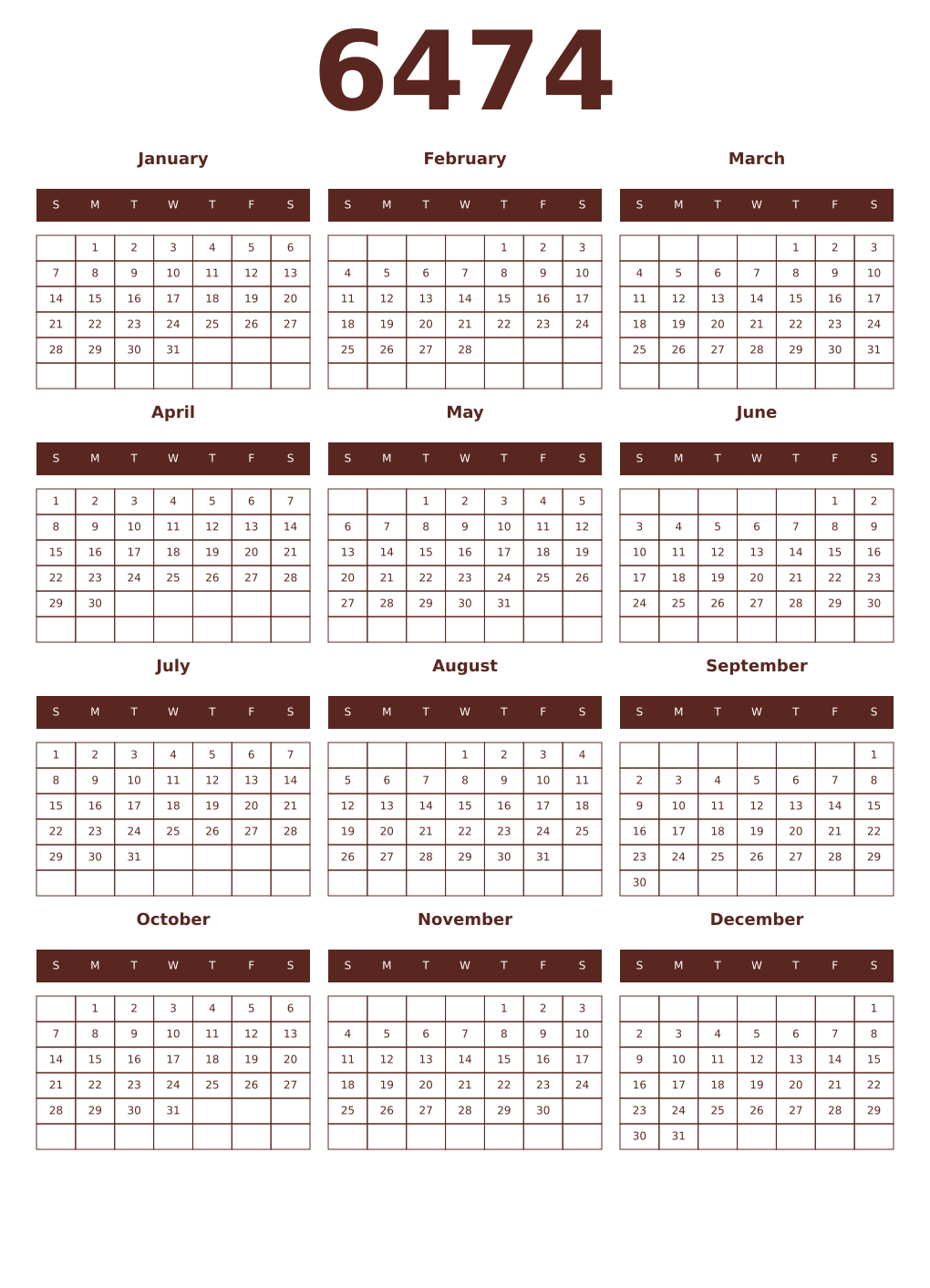 Printable 6474 Year Calendars mortuum