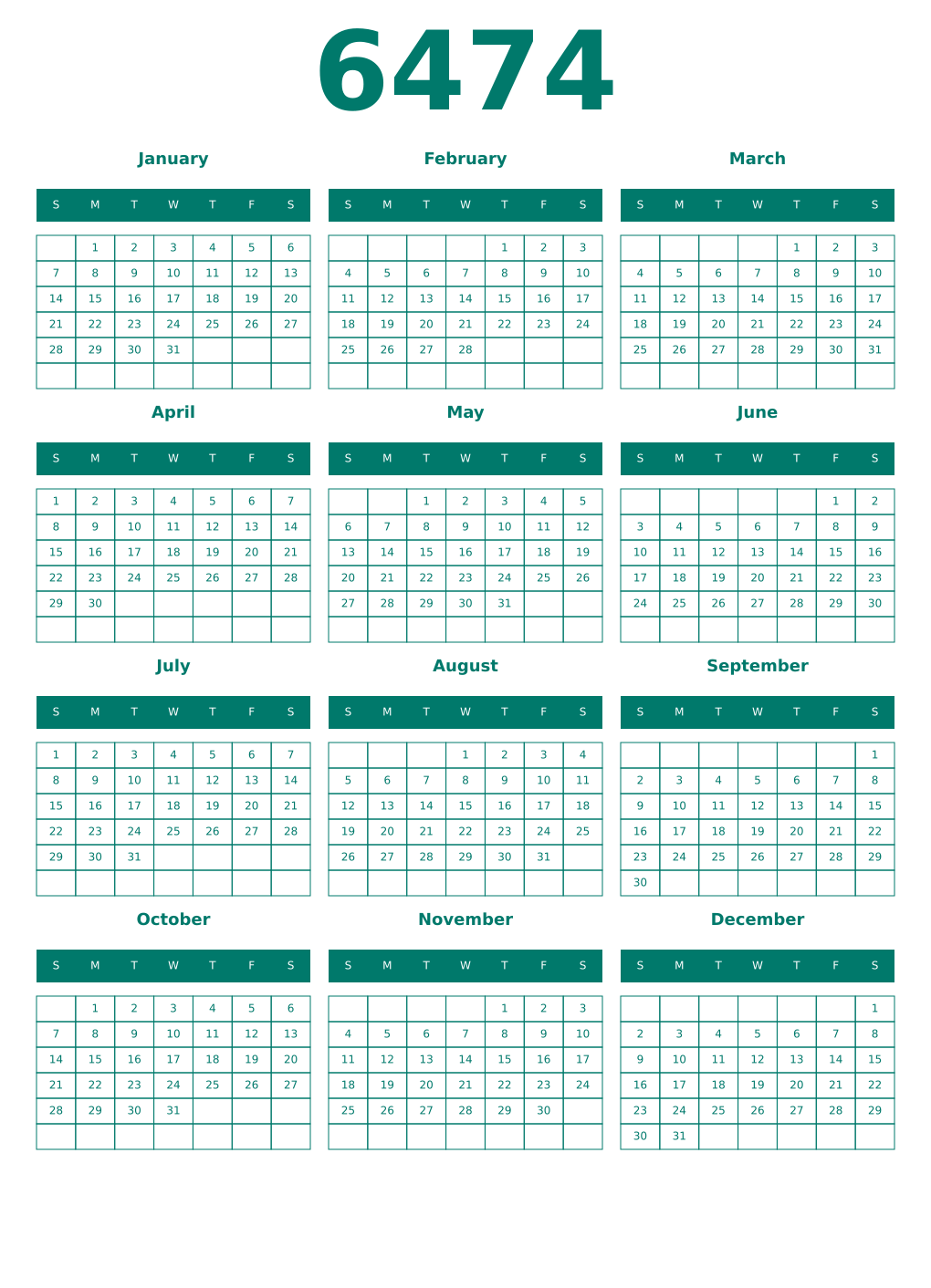 Printable 6474 Year Calendars pastel
