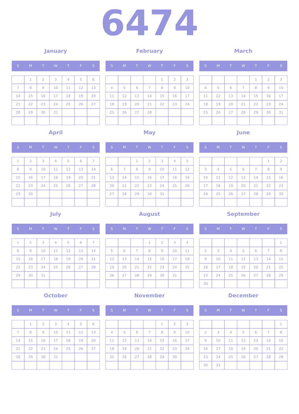 Printable 6474 Year Calendars periwinkle