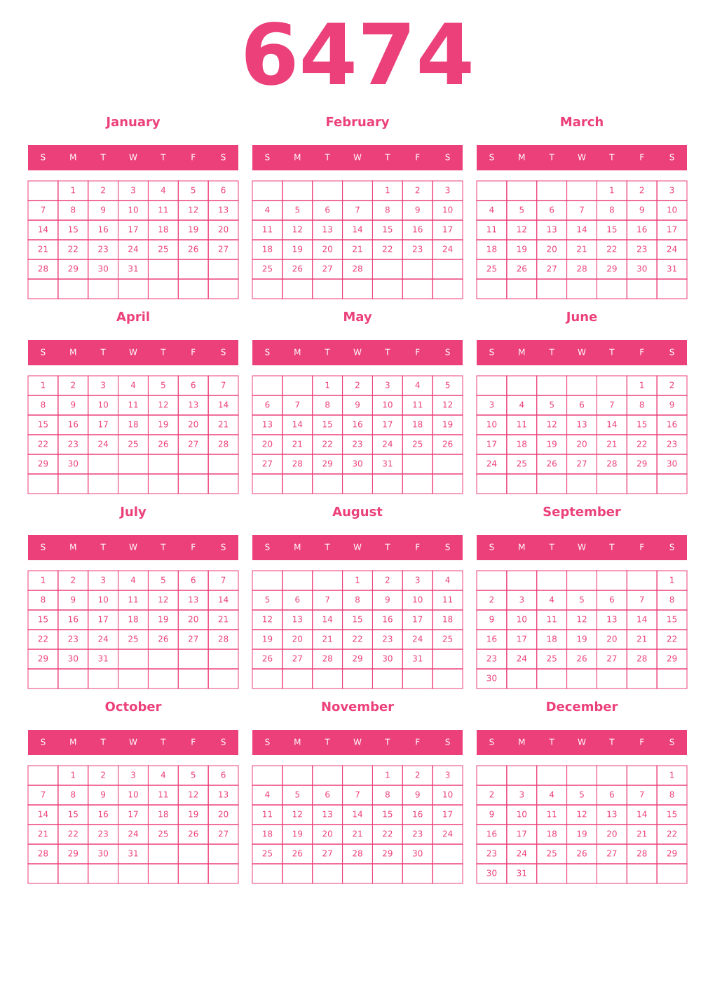 Printable 6474 Year Calendars pink