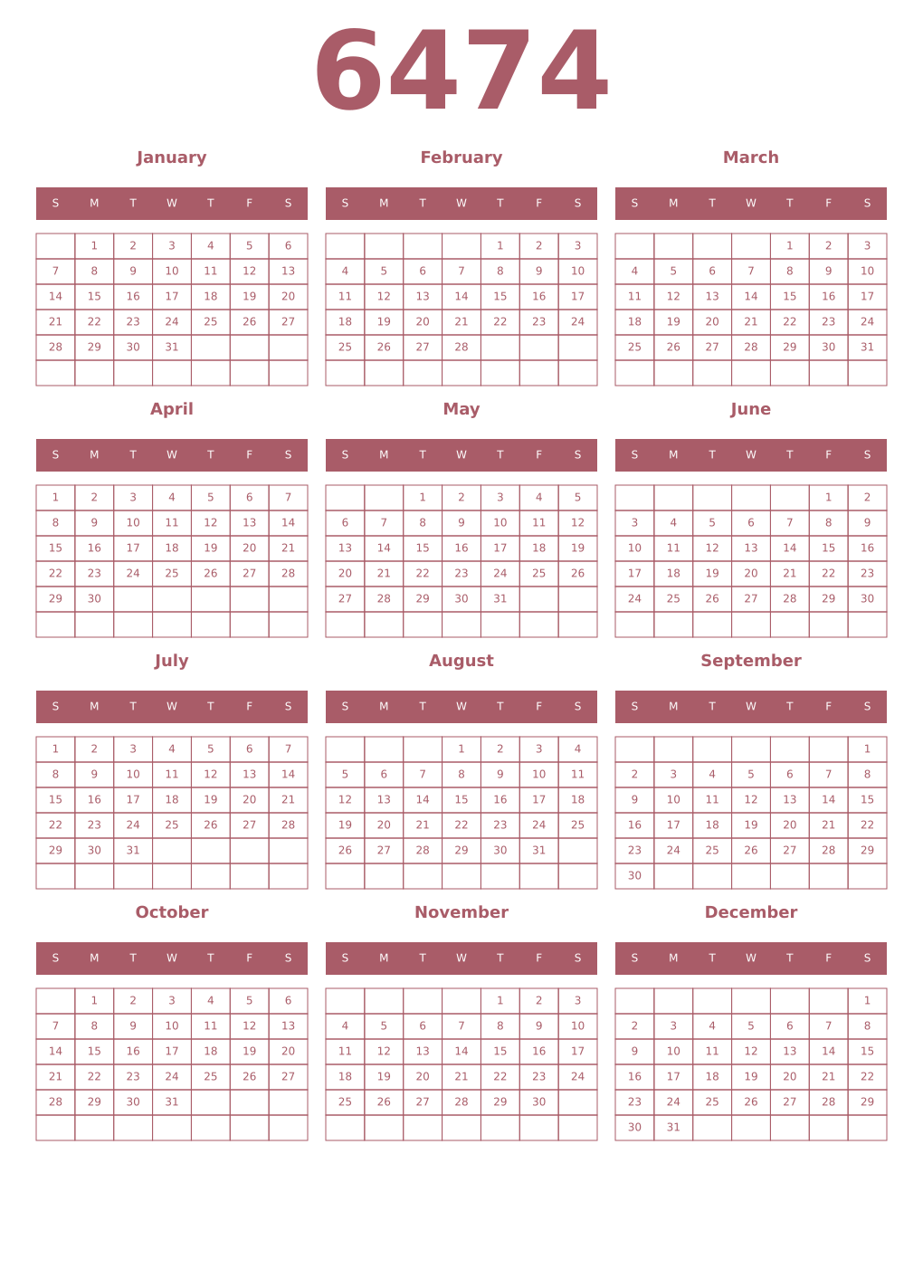 Printable 6474 Year Calendars puce