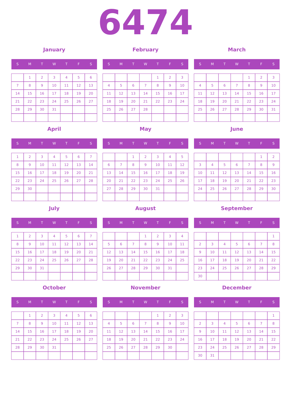 Printable 6474 Year Calendars purple