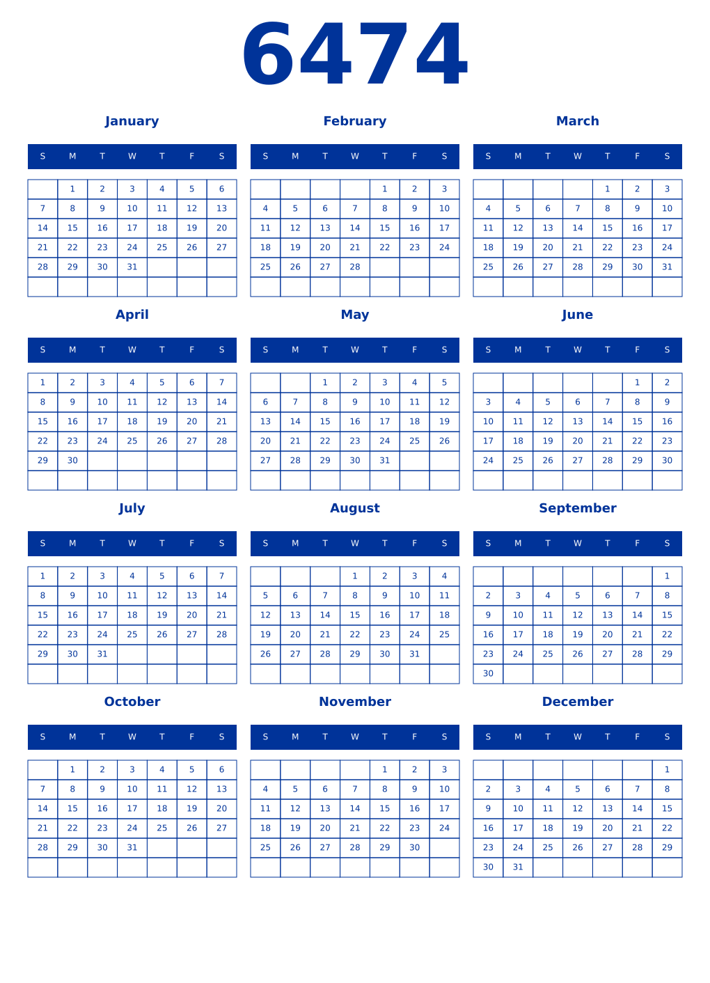 Printable 6474 Year Calendars smalt