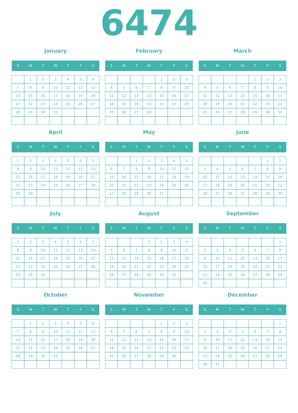 Printable 6474 Year Calendars verdigris
