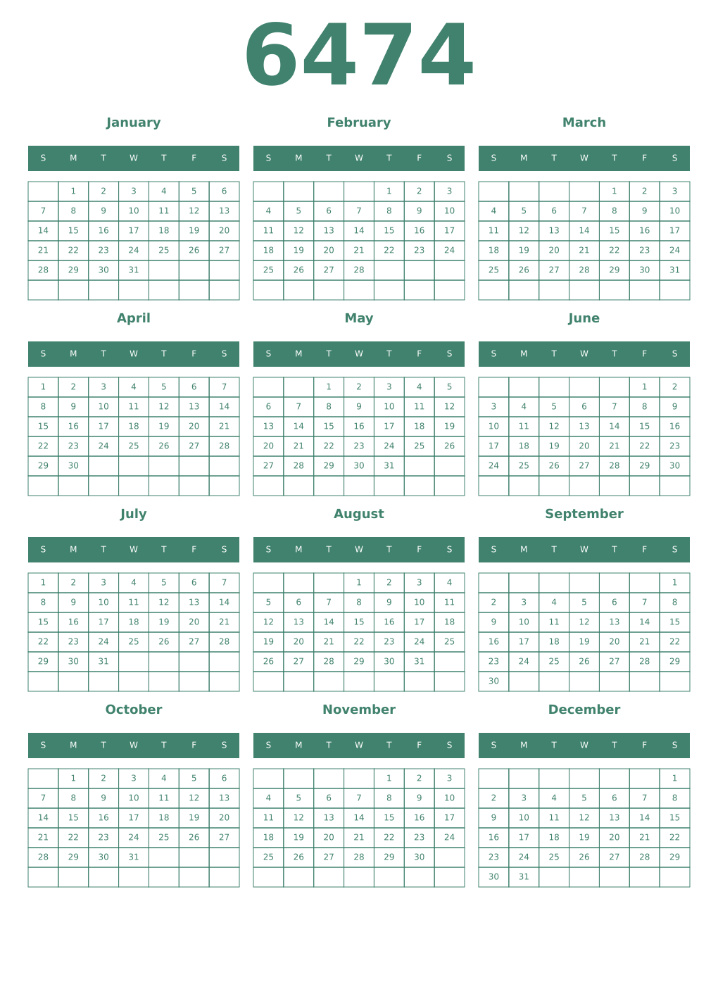 Printable 6474 Year Calendars viridian