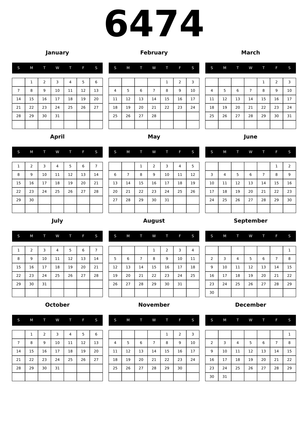Printable 6474 Calendars