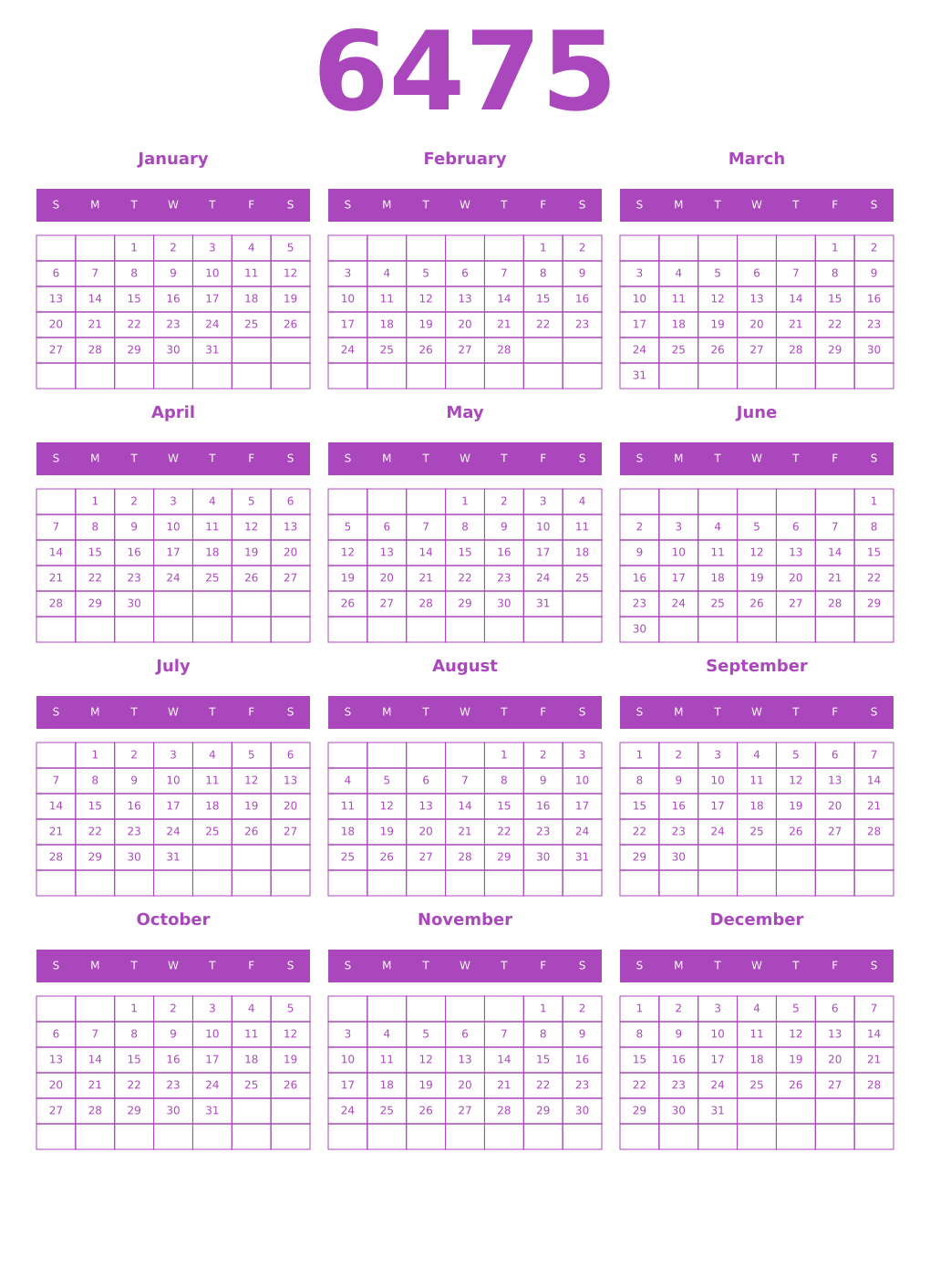 Printable 6475 Calendars