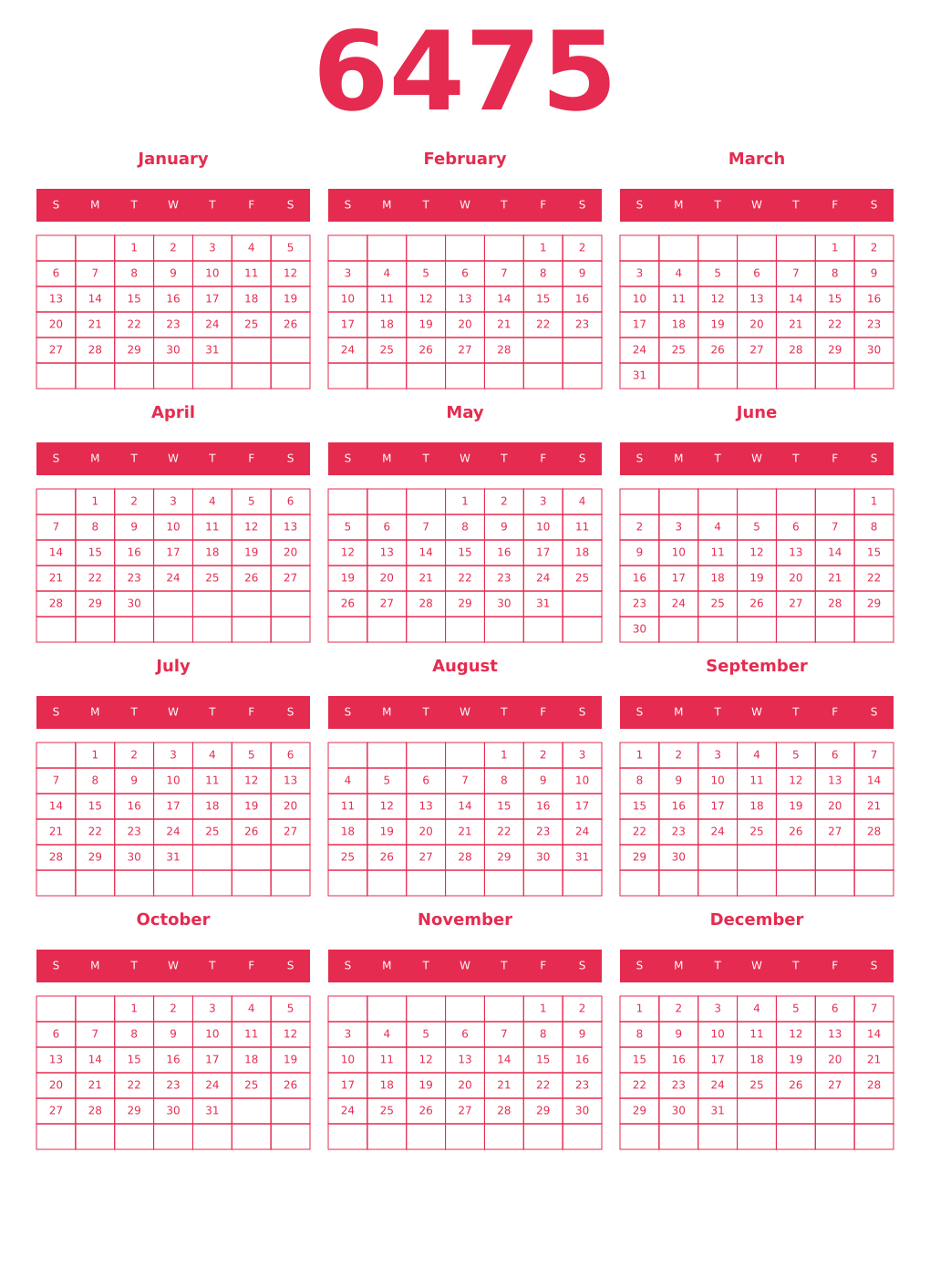 Printable 6475 Year Calendars amaranth