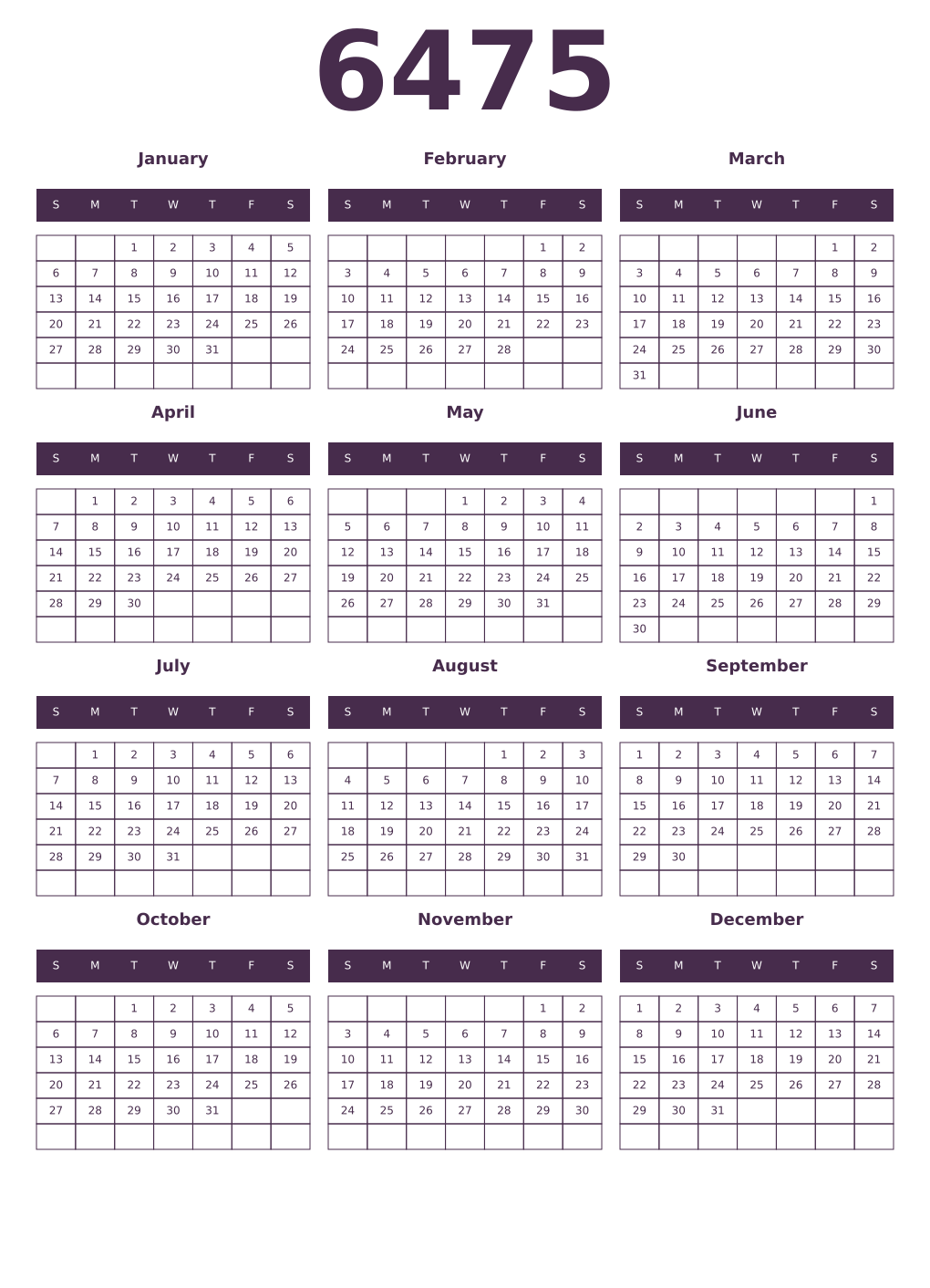 Printable 6475 Year Calendars aubergine