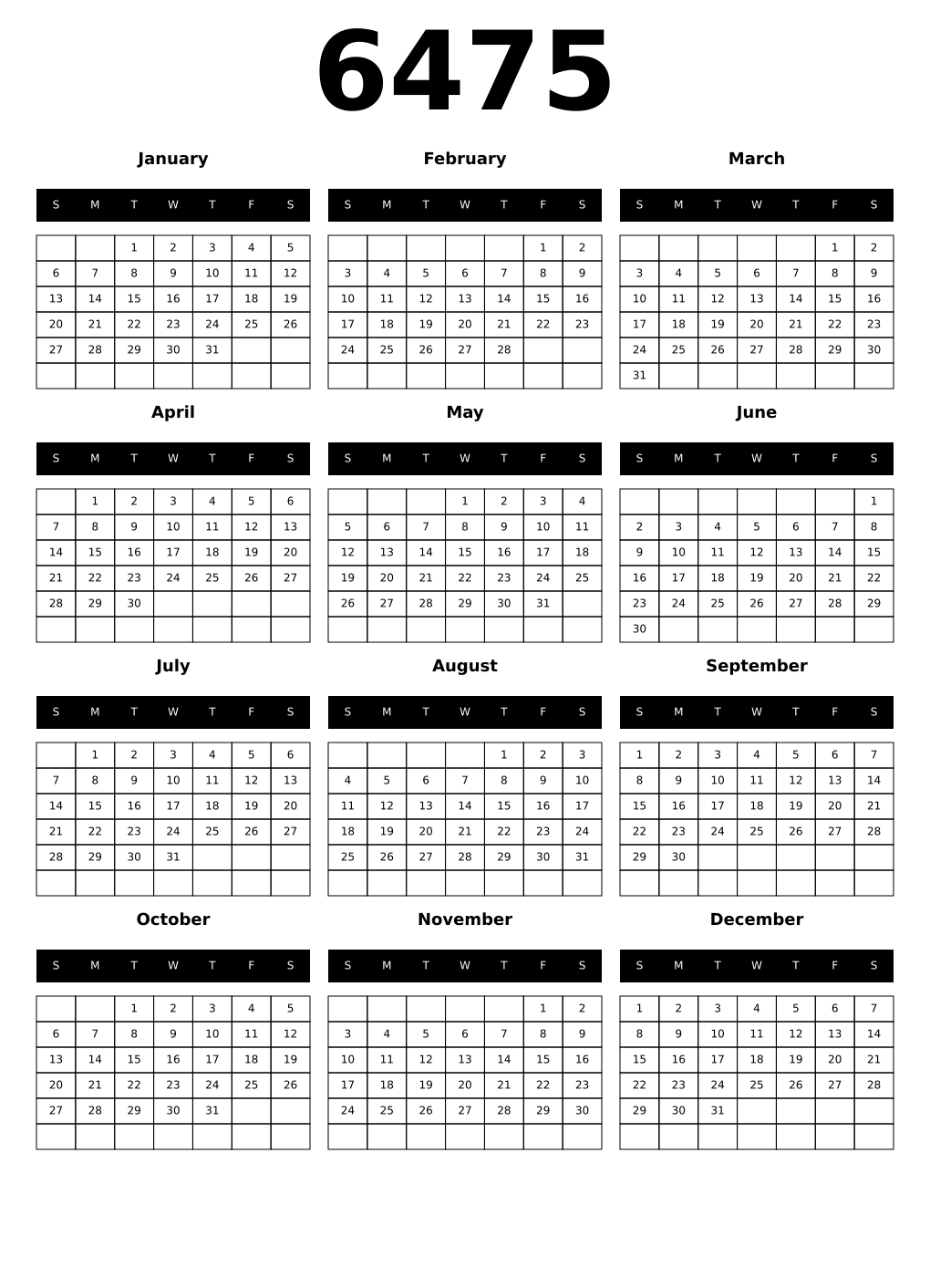Printable 6475 Year Calendars black
