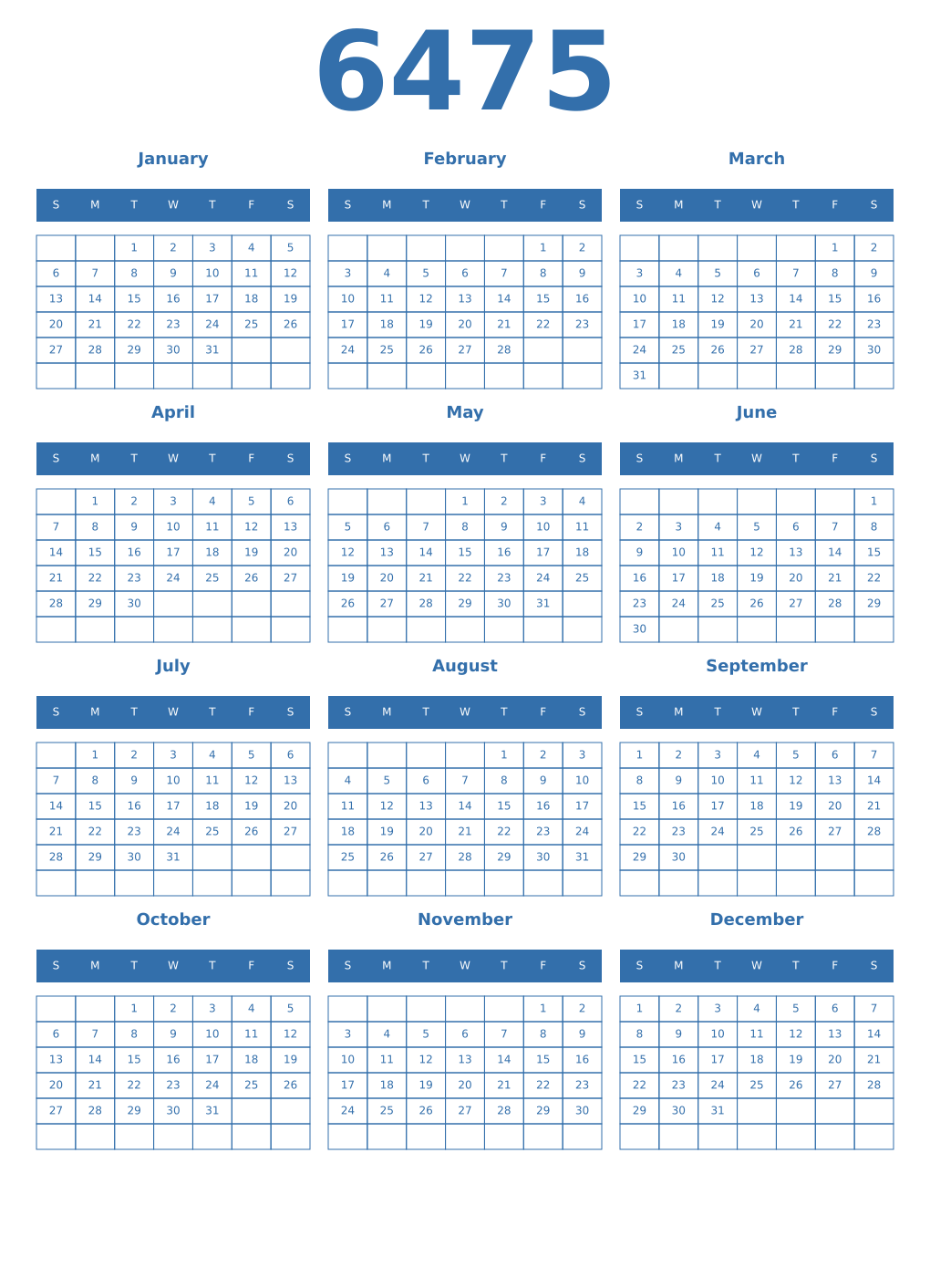 Printable 6475 Year Calendars blue
