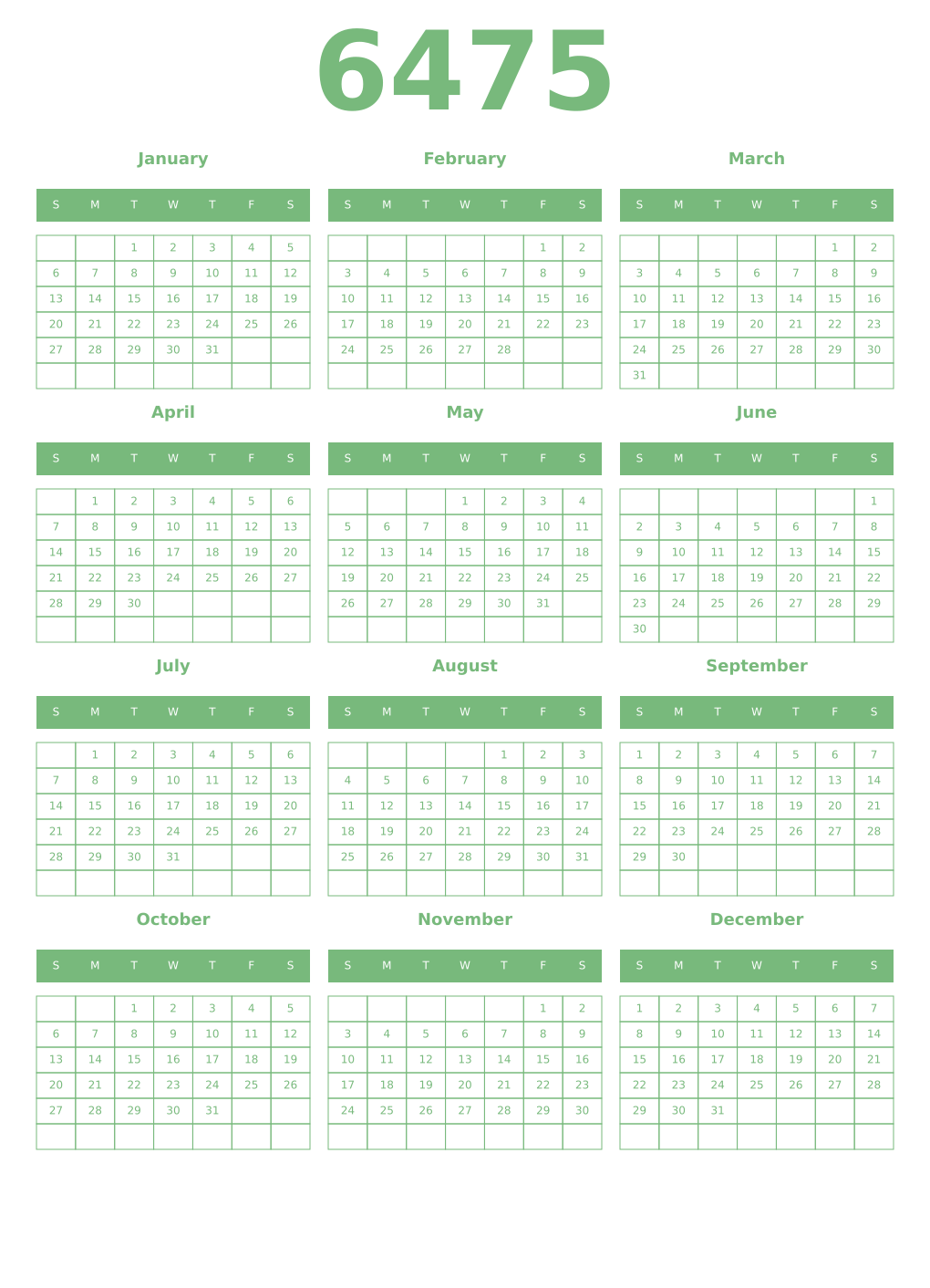 Printable 6475 Year Calendars celadon