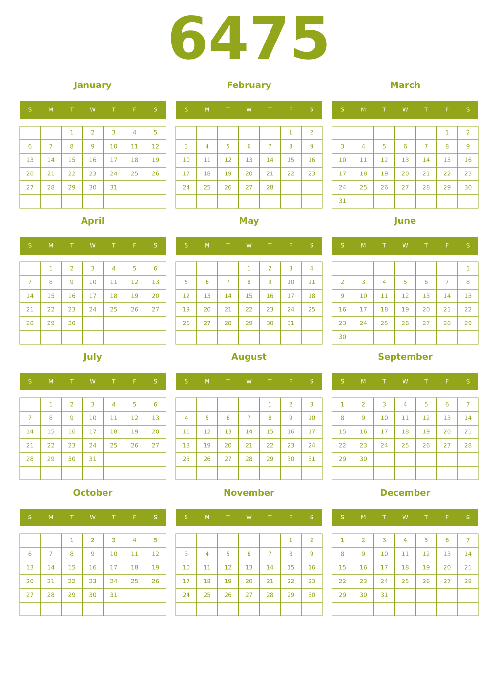 Printable 6475 Year Calendars chartreuse