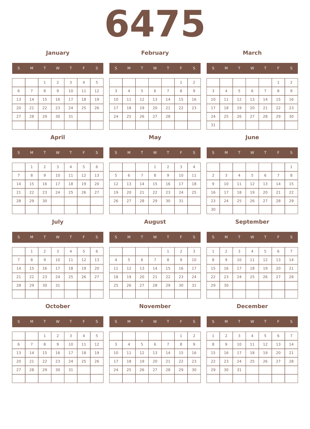Printable 6475 Year Calendars coffe
