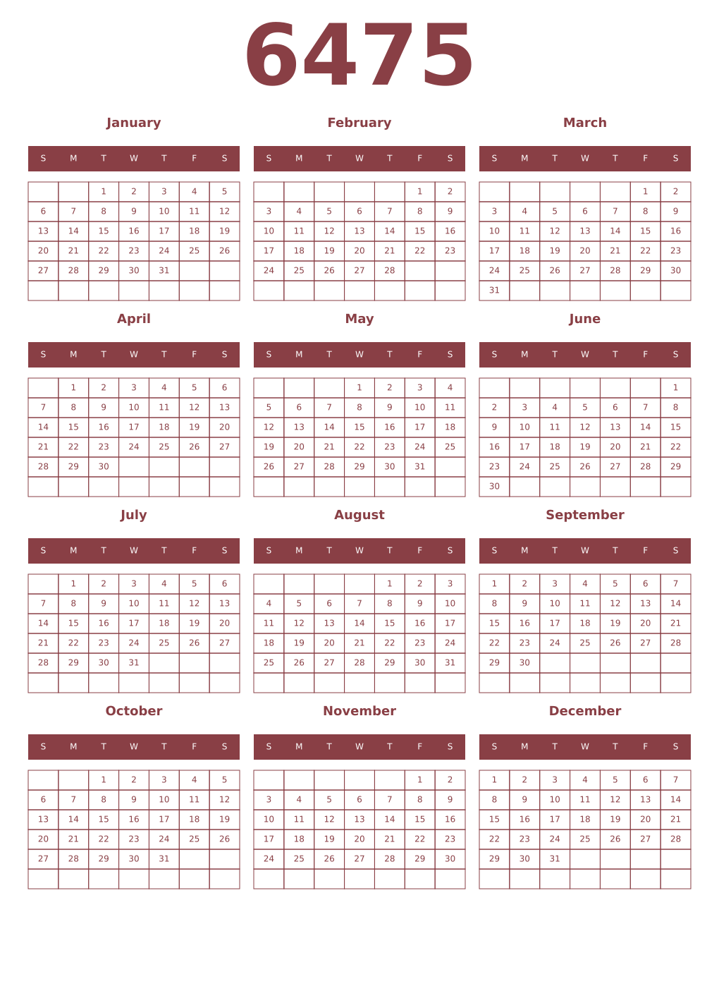 Printable 6475 Year Calendars cordovan