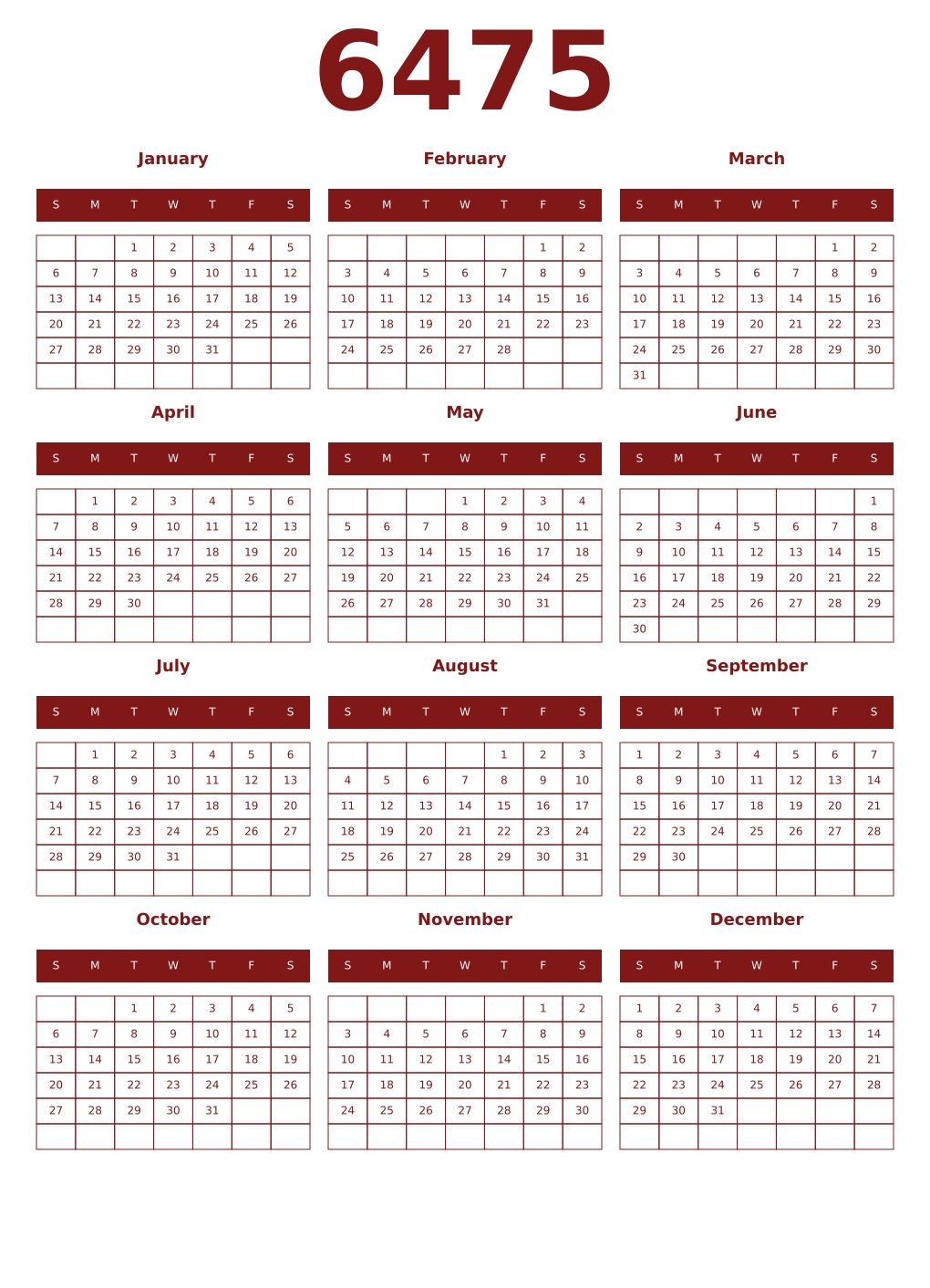 Printable 6475 Year Calendars falu