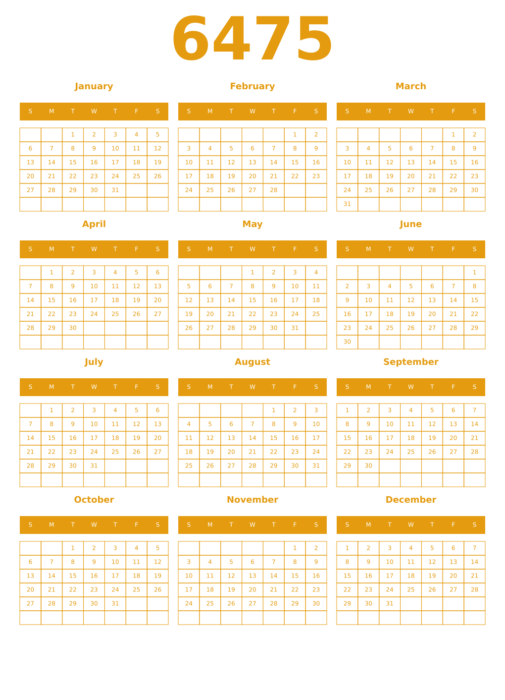 Printable 6475 Year Calendars gamboge