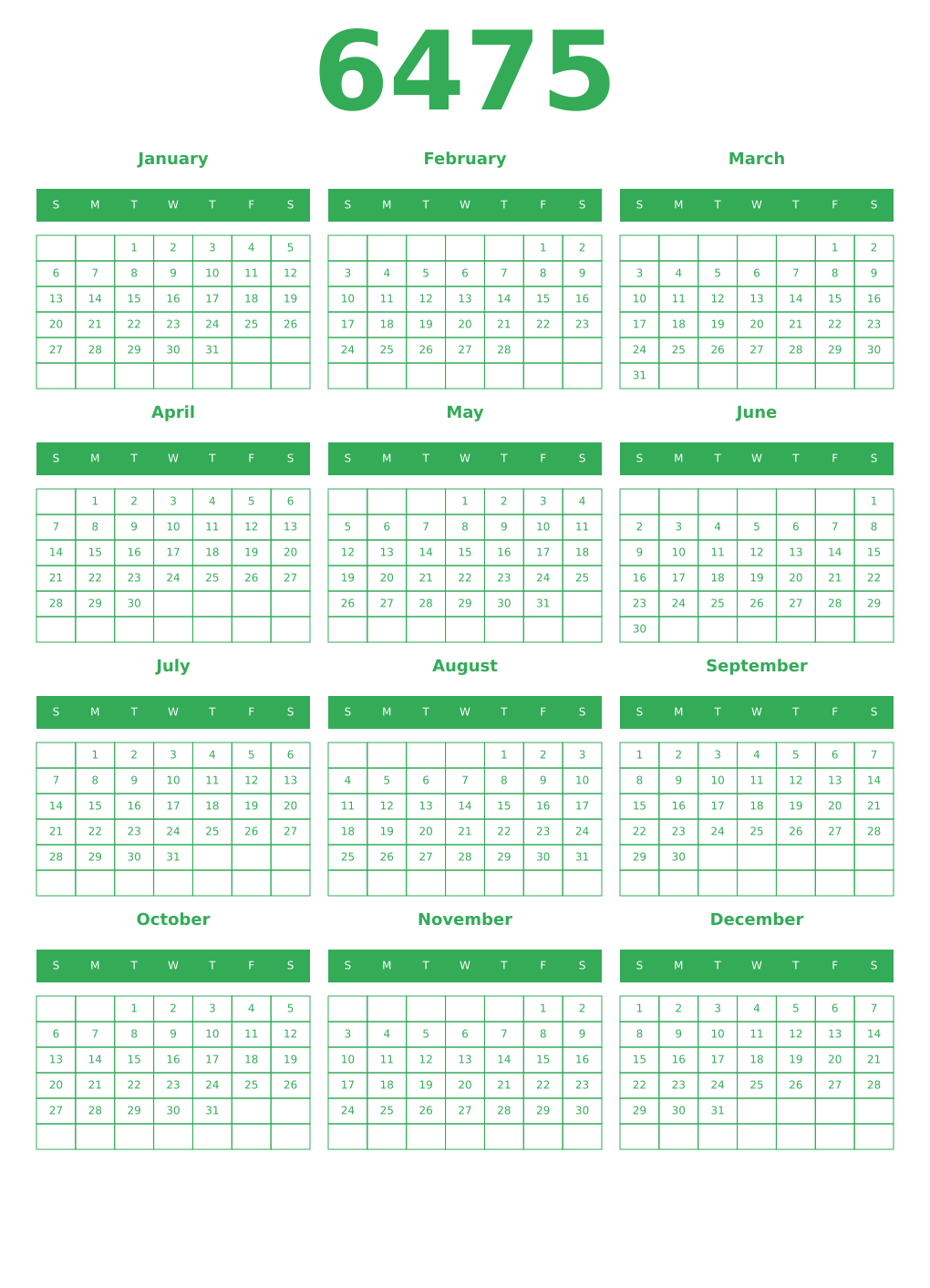 Printable 6475 Year Calendars green