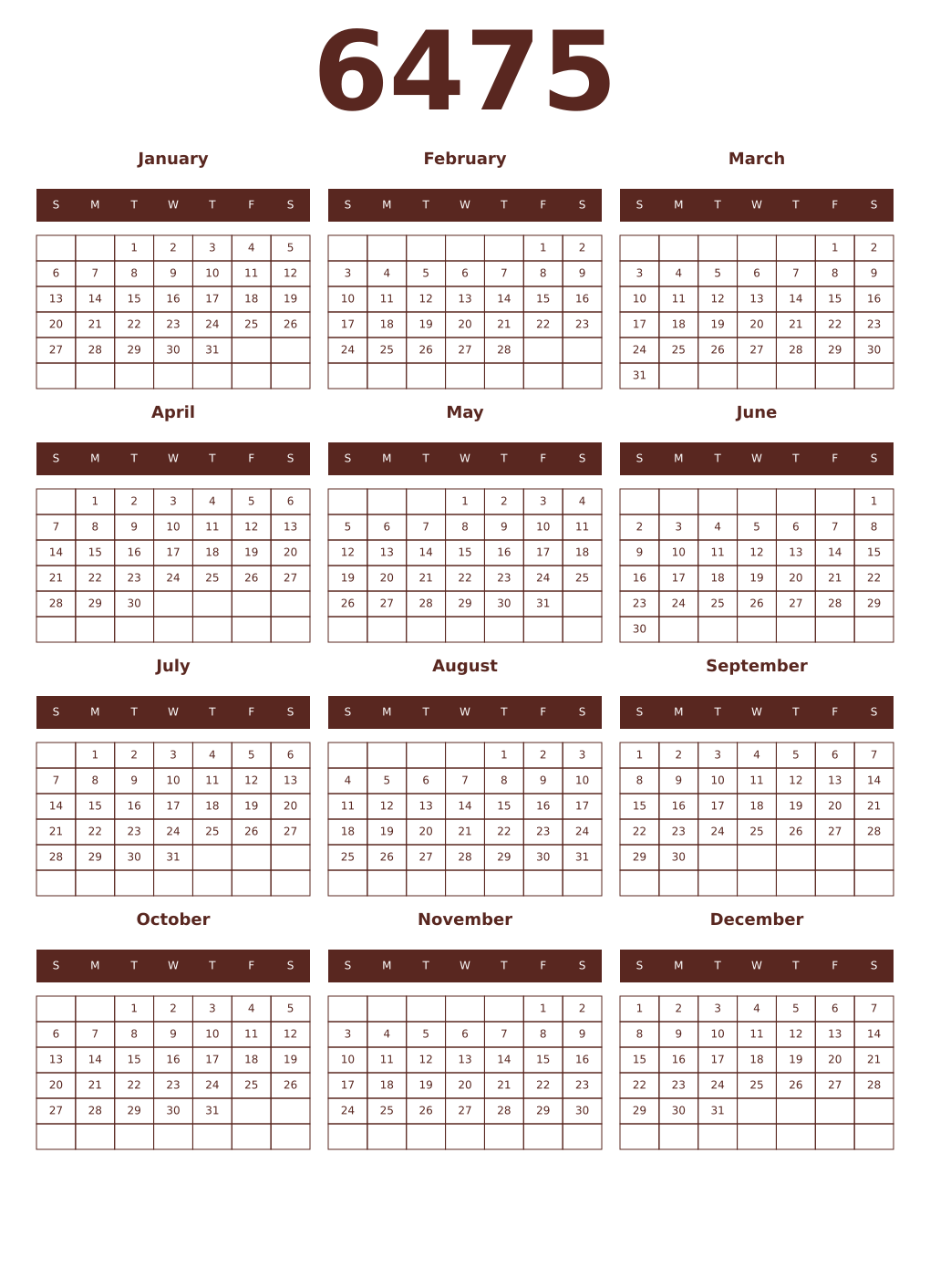 Printable 6475 Year Calendars mortuum
