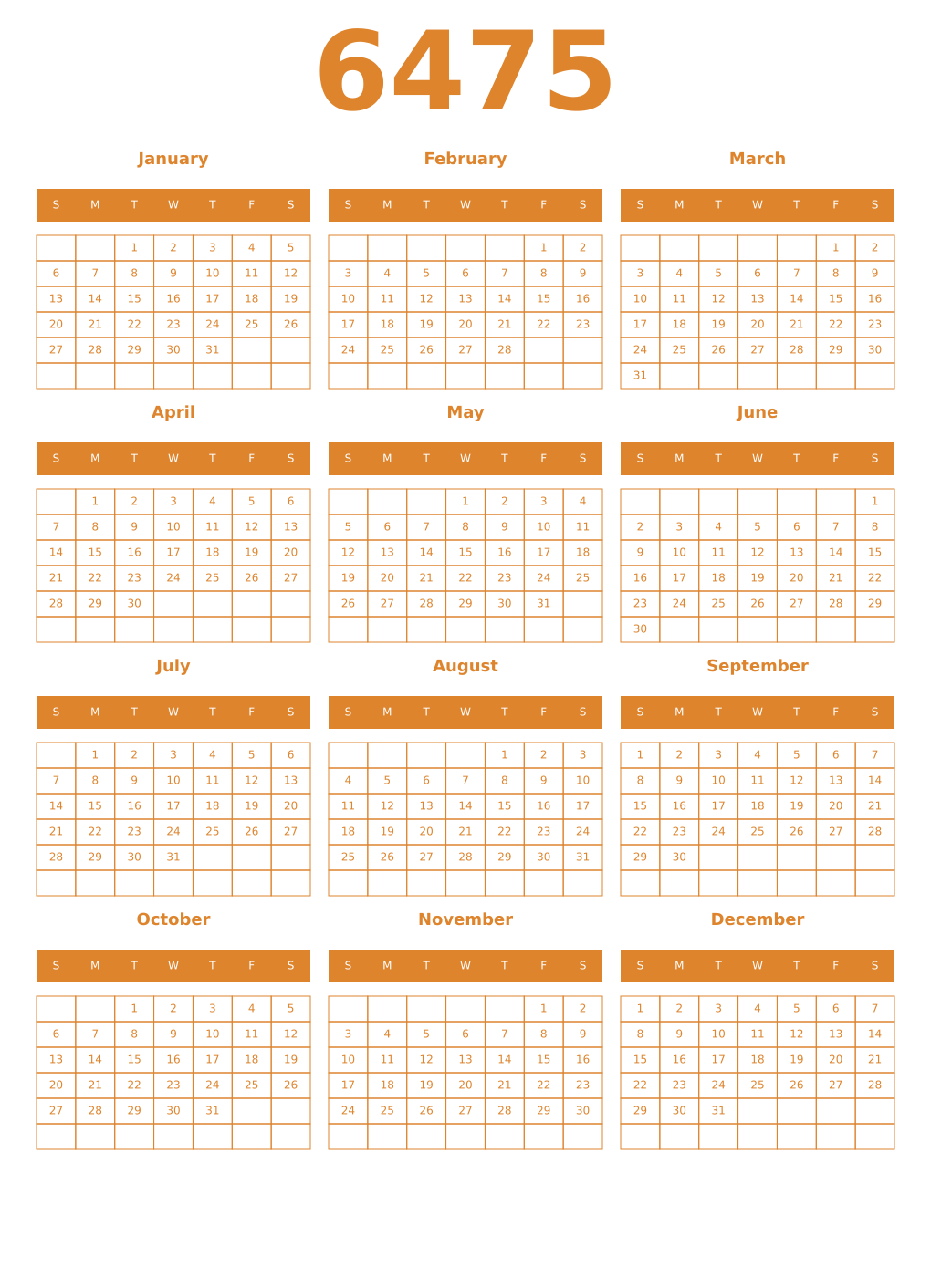 Printable 6475 Year Calendars orange
