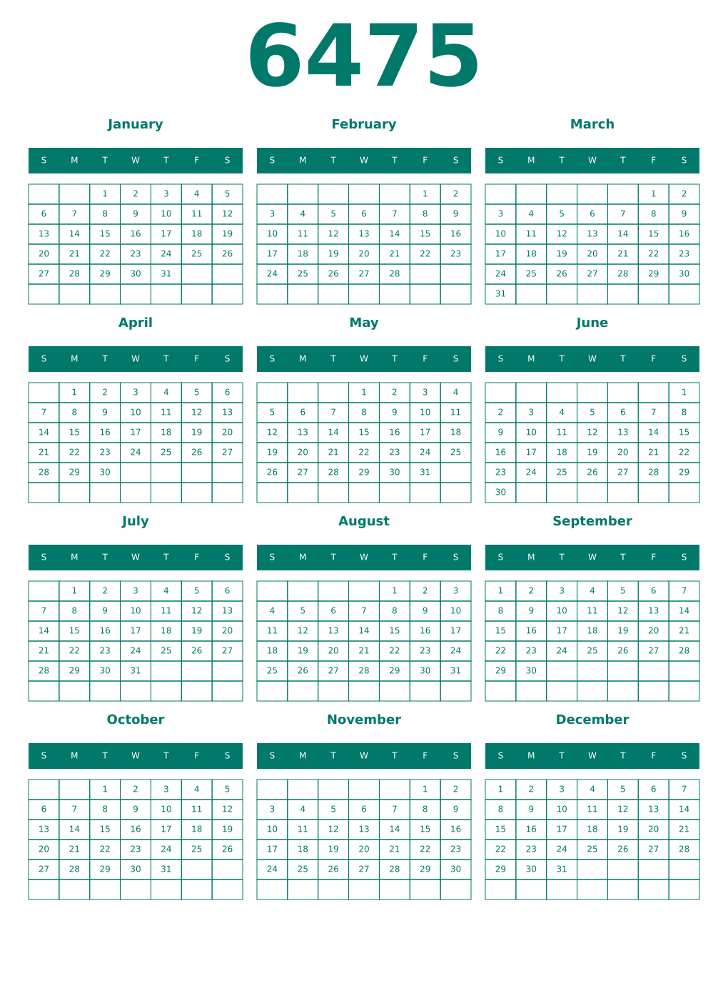 Printable 6475 Year Calendars pastel